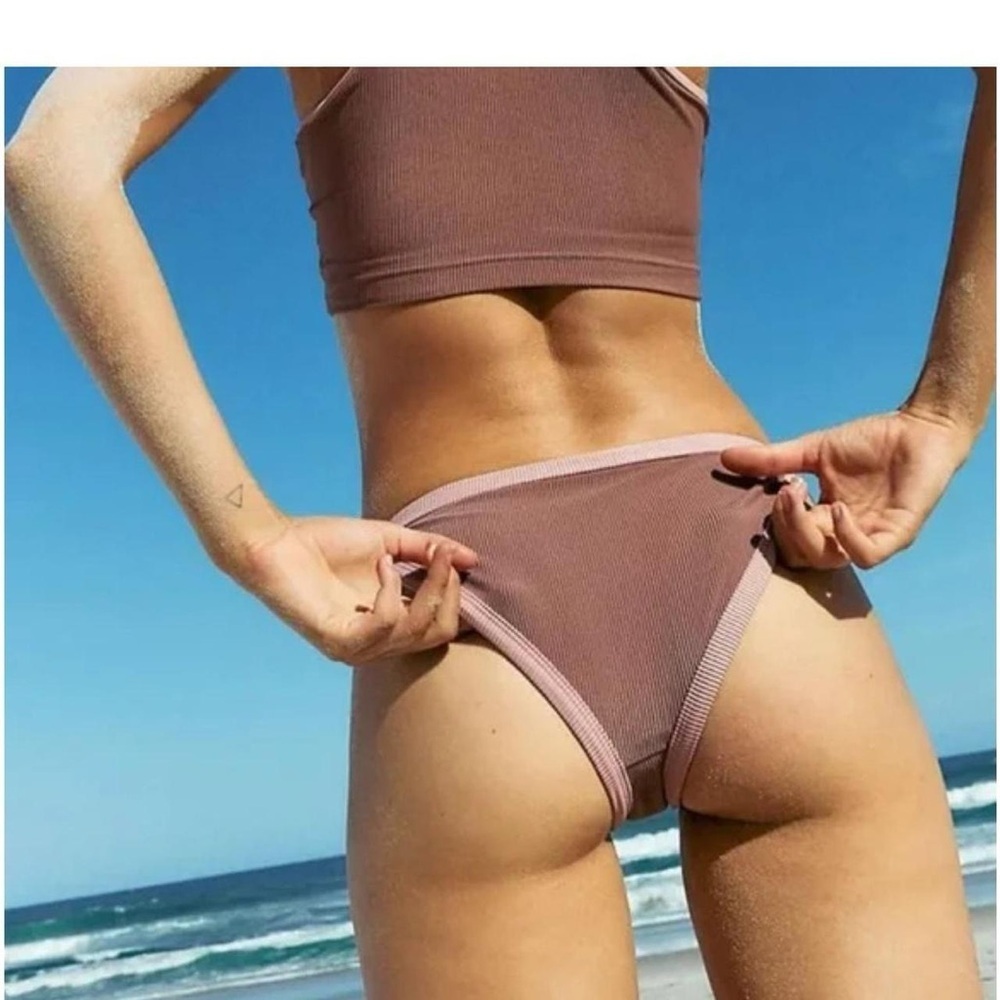 Free People x Beach Riot Becca Ribbed Color Block Bikini Bottoms in pink sz m
